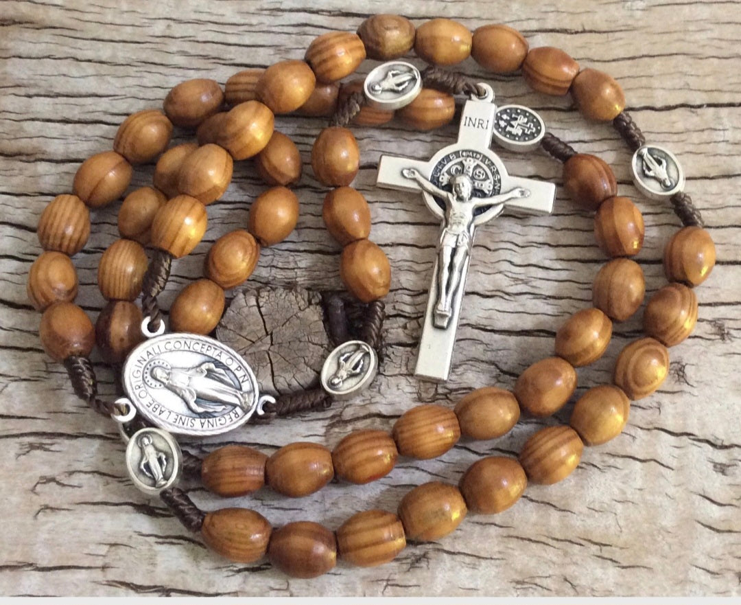Olive wood catholic Rosary with Miraculous medals