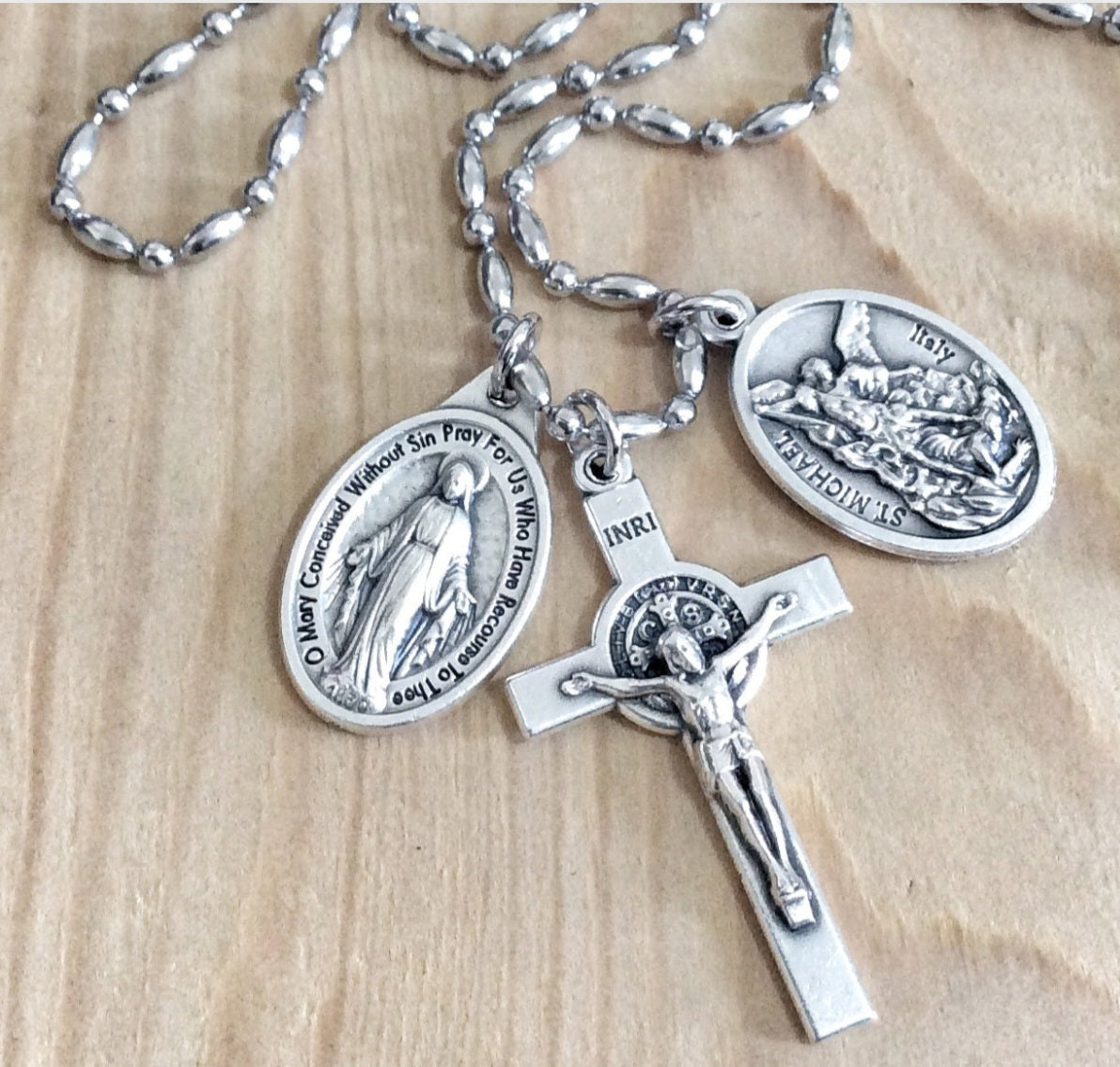 stainless steel catholic necklace st michael and miraculous medal