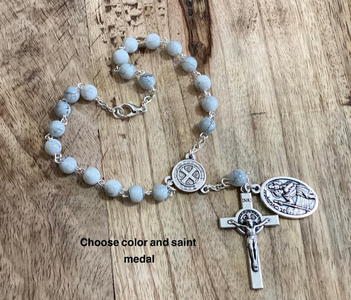 Handmade car rosary with crucifix and Saint medal for vehicle