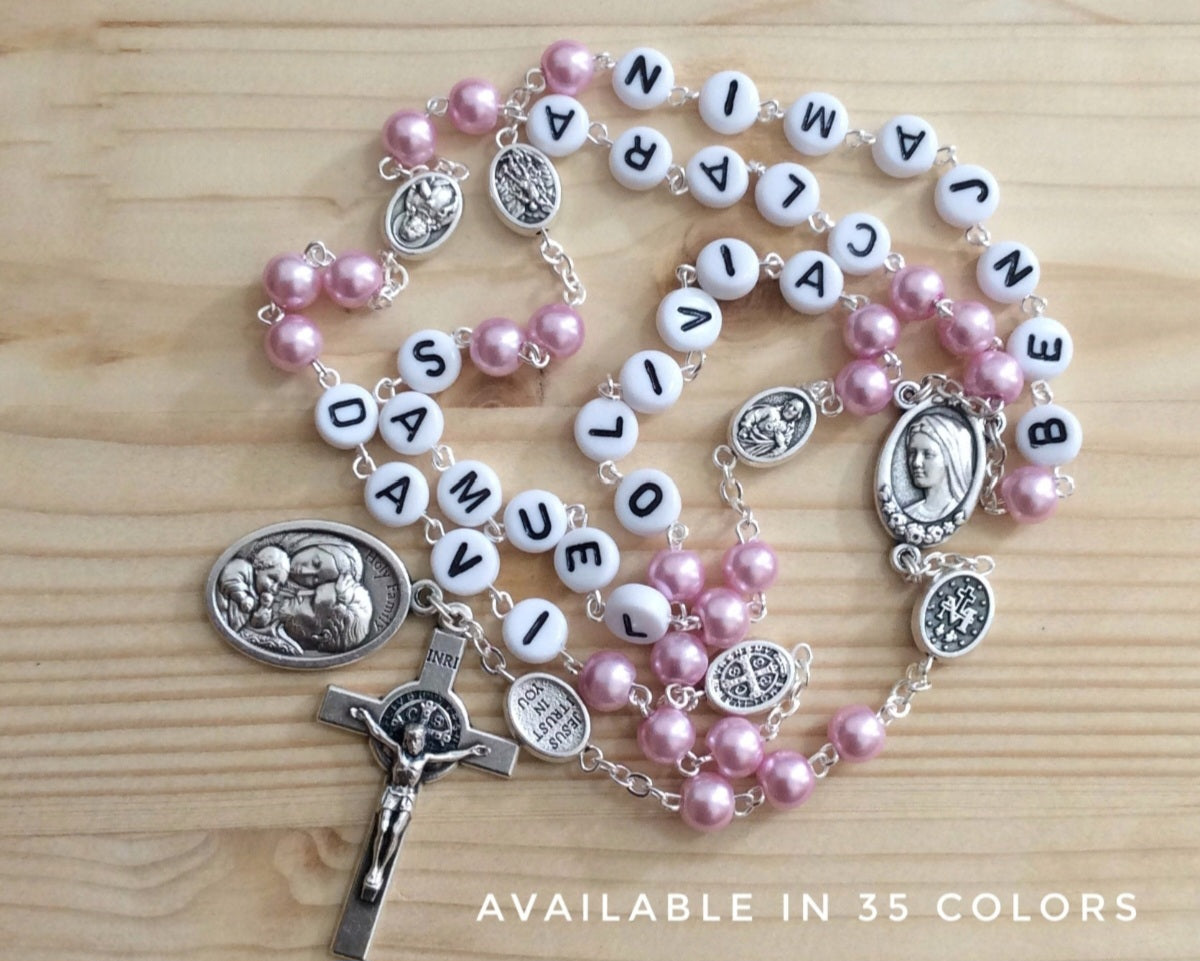 Family rosary keepsake with personalized names for Catholic devotion and gifting