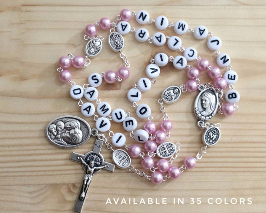 Family rosary keepsake with personalized names for Catholic devotion and gifting