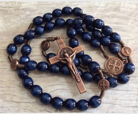 Wooden prayer beads with bronze St Benedict cross great gift for catholic men