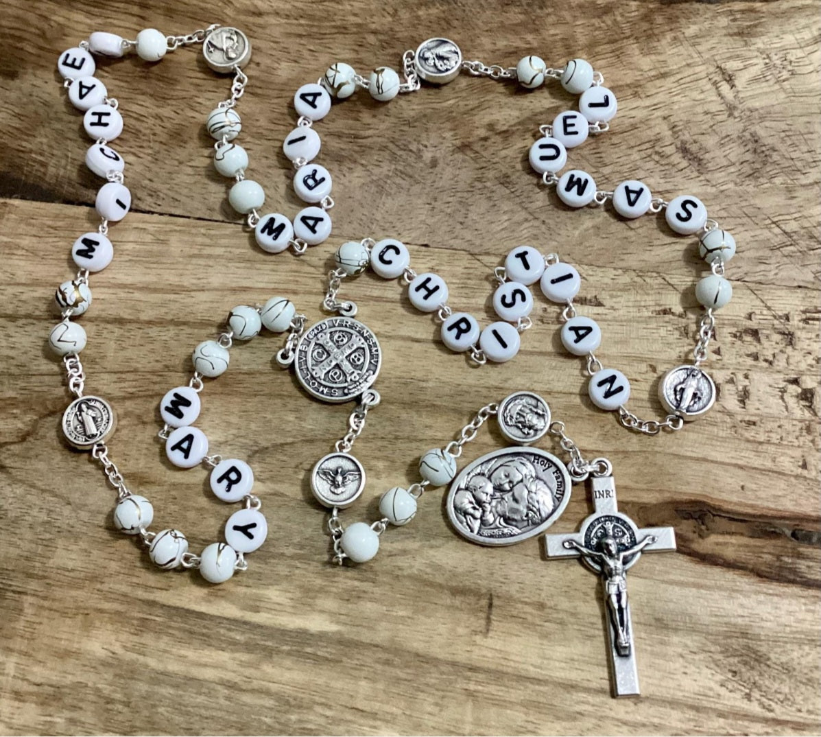 Family rosary keepsake with personalized names for Catholic devotion and gifting