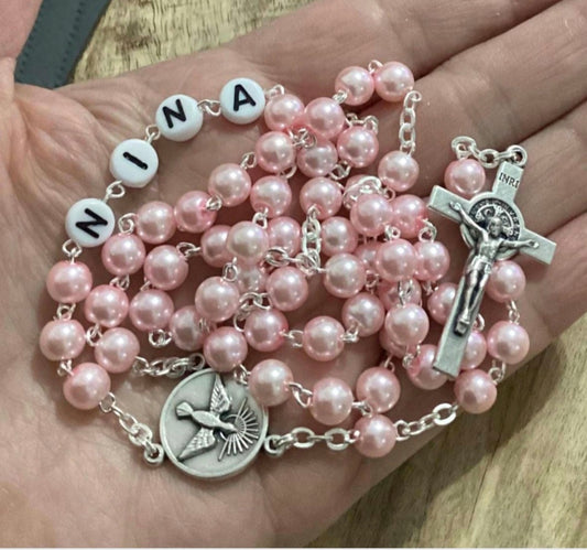 Confirmation pink rosary with name