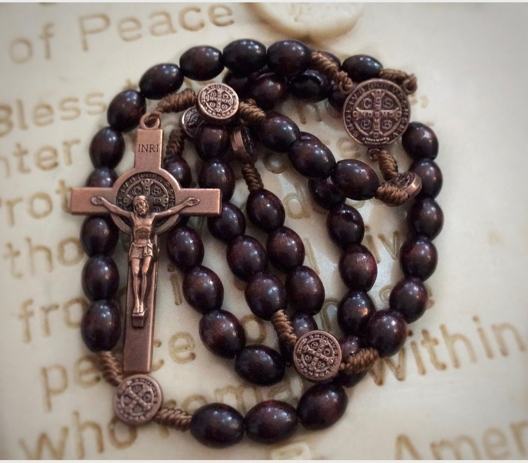 Catholic wood prayer beads with bronze St Benedict medals