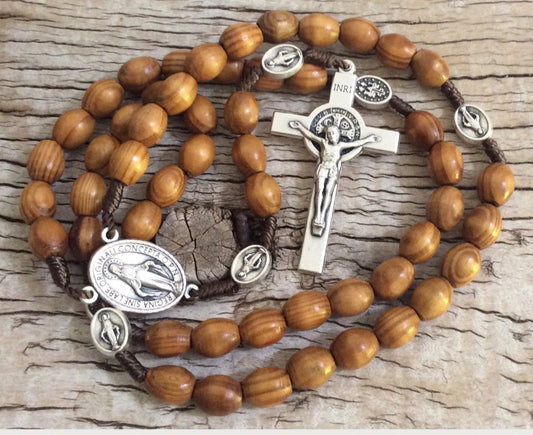 Olive wood catholic Rosary with Miraculous medals