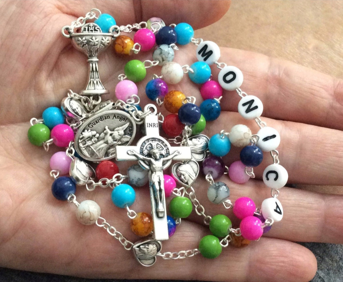 personalized first communion rosary for girl  or boy