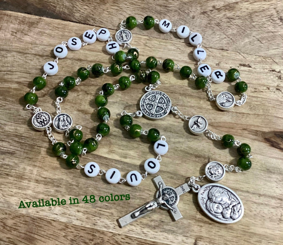 Handmade personalized rosary with family names and crucifix