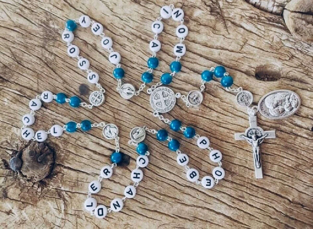 Family rosary keepsake with personalized names for Catholic devotion and gifting