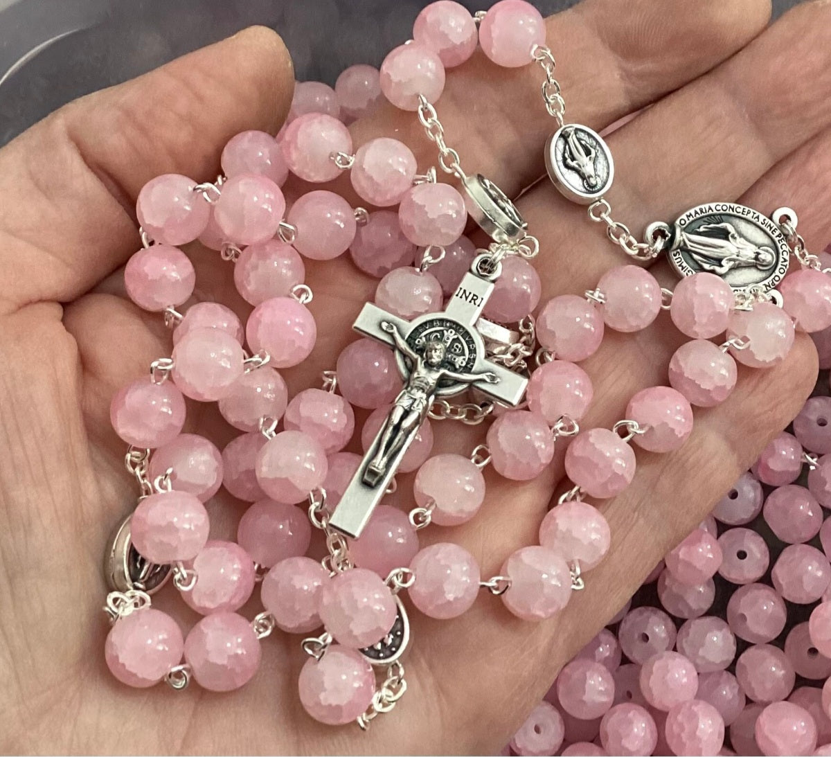 Pink rosary with Miraculous Medal centerpiece and St Benedict crucifix