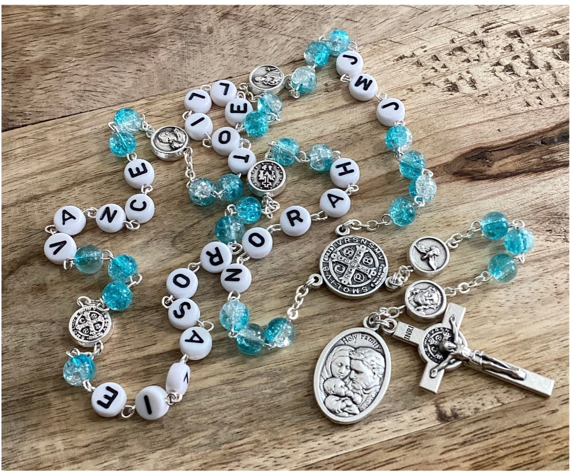 Handmade personalized rosary with family names and crucifix