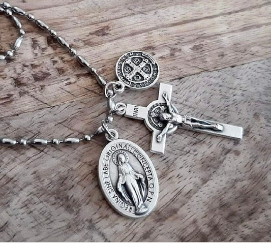  catholic necklace stainless steel miraculous medal saint benedict cross