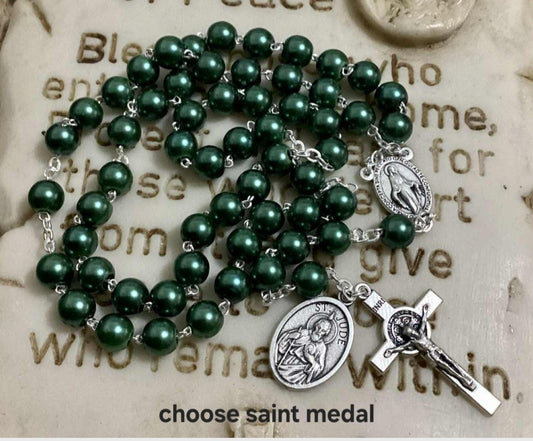 St Jude green rosary with St Benedict cross