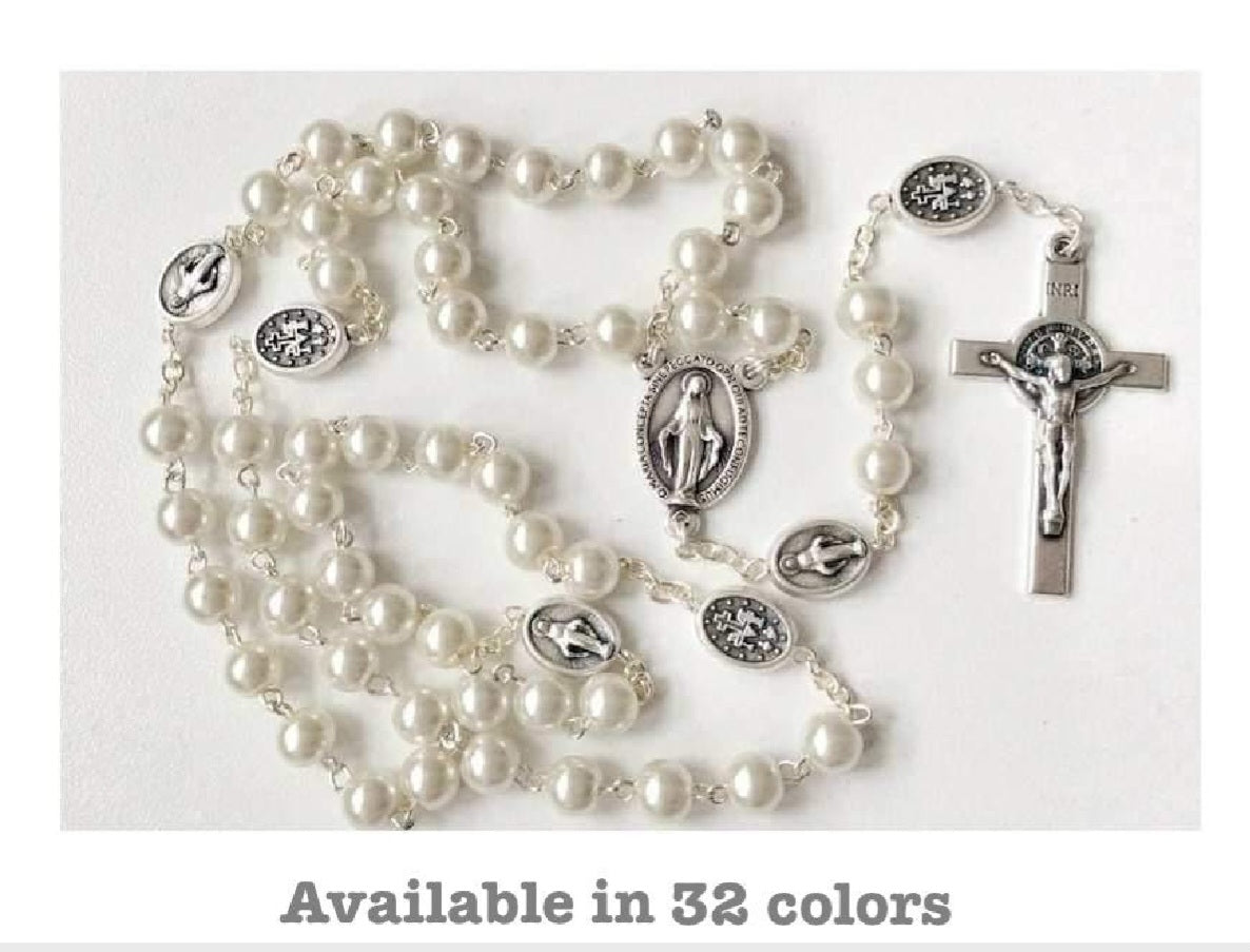 womens white pearl rosary with miraculous medal catholic prayer beads gift