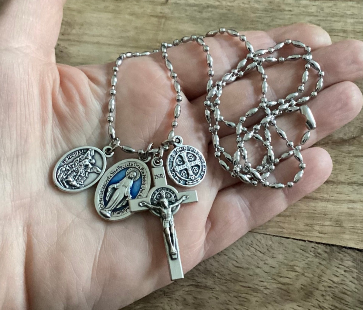 mens catholic necklace stainless steel miraculous medal saint michael pendant