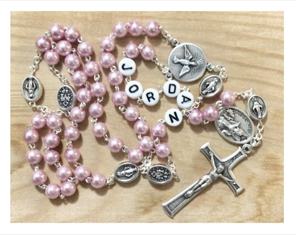 Personalized pink rosary for confirmation or first communion